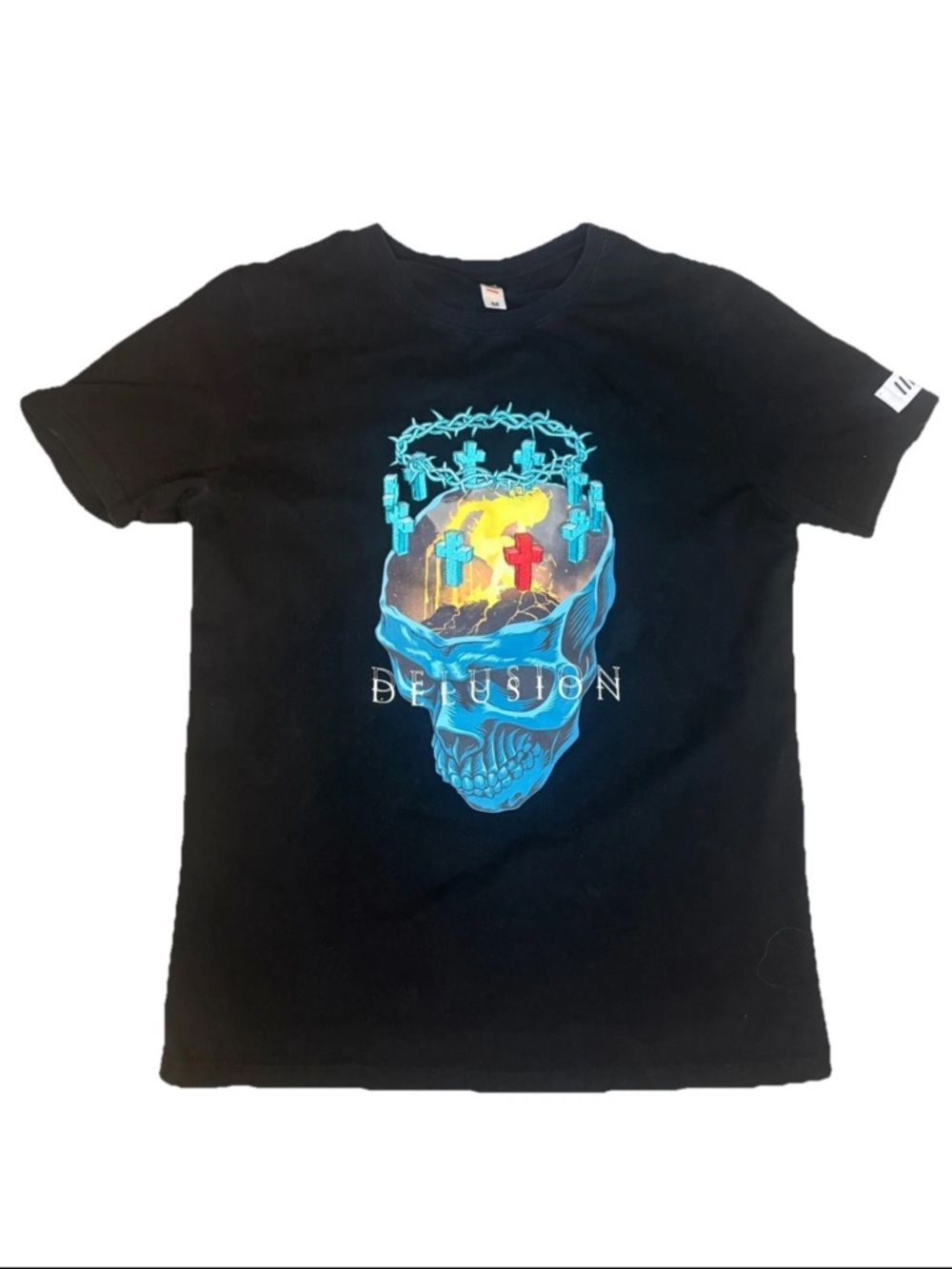 Youth Medium DELUSION Short Sleeve Graphic Tee - Black with Blue Skull